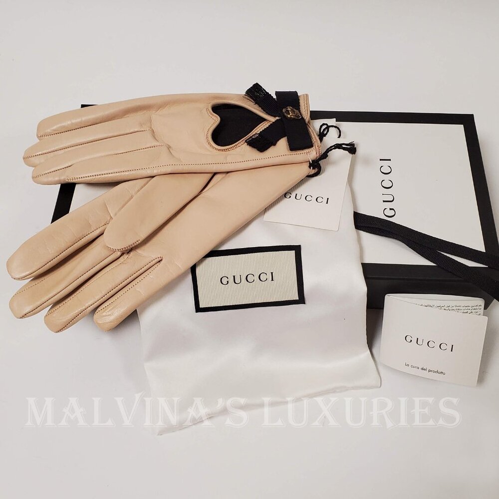 GUCCI GLOVES 477970 BEIGE LEATHER HEART CUT-OUT CAT FELINE HEAD - Picture 6 of 12
